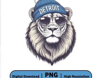 Detroit Lion PNG | Cool Lion with Beanie and Sunglasses | Digital Download, 300 DPI, High Resolution