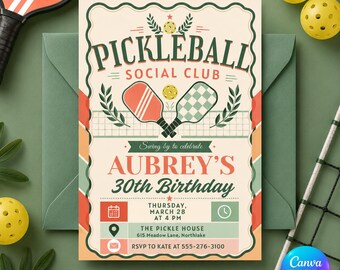 Pickleball Birthday Invitation, Editable Preppy Sport Party Invite, Printable Adult 30th Birthday Canva Template