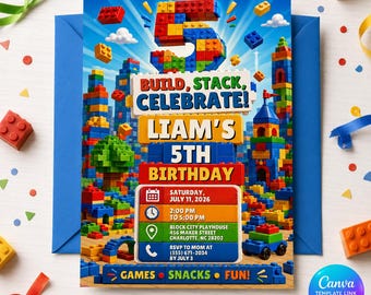 Editable Building Blocks Birthday Invitation, Construction Theme Party Invite, Blocks Birthday, Invitation Template, Editable Canva Template