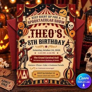 May include: A rectangular birthday invitation card featuring a vintage circus theme with red and cream colors. It displays text including 'Step Right Up For A Spooktacular Show', 'Theo's 8th Birthday', date, time, location, and event details.