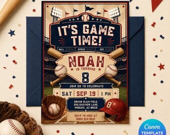 Baseball Birthday Invitation, Editable Game Time Sports Party Invite, Vintage Boy Printable Canva Template