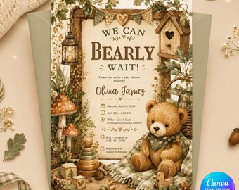 Woodland Baby Shower Invitation, We Can Bearly Wait Editable Teddy Bear Invite, Printable Canva Template