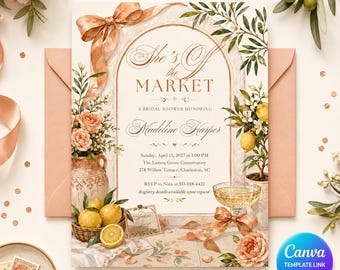 She's Off the Market Bridal Shower Invitation, Lemon Garden Bride Invite, Editable Printable Canva Template