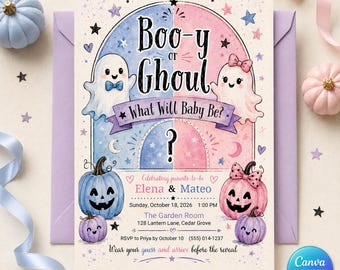 Puede incluir: Una tarjeta de invitación rectangular para revelación de género con un diseño de arco azul y rosa, dos fantasmas, calabazas y estrellas. El texto dice Boo-y or Ghoul, What Will Baby Be?, Elena & Mateo y los detalles del evento.