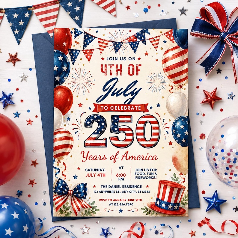 May include: An invitation for a 4th of July celebration. The design features red, white, and blue balloons, a banner, and a top hat. The text reads "4th of July to Celebrate 250 Years of America."