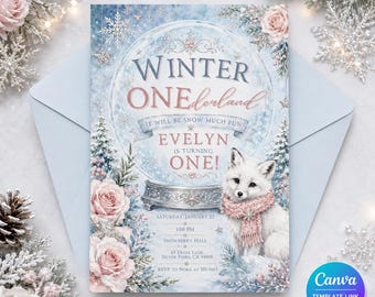 Winter Onederland 1st Birthday Invitation, Girl Snowflake Fox Printable Editable Canva Template