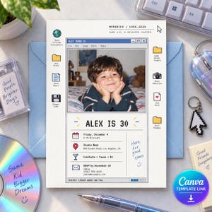 May include: A rectangular birthday invitation card featuring a retro computer desktop interface design. The center displays a photograph of a young child, with text reading Alex Is 30, event details for Friday, December 4, and various digital icons.