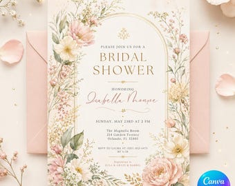 Floral Bridal Shower Invitation, Editable Garden Party Invite, Blush Pink Sage Printable Canva Template