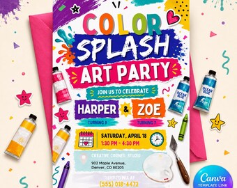 Art Party Invitation, Editable Color Splash Paint Party Invite, Printable Joint Birthday Canva Template