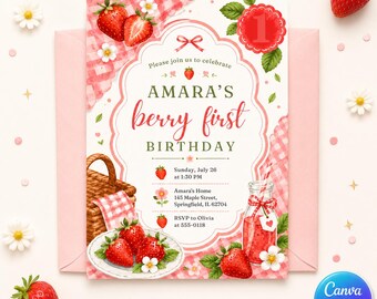 Berry First Birthday Invitation, Strawberry 1st Birthday Invite, Pink Gingham Girl Party Printable Canva Template