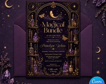 Magical Baby Shower Invitation, Editable Celestial Moon Stars Invite, Witchy Purple Canva Template