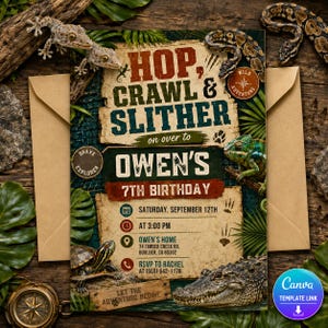 May include: A rectangular birthday invitation card featuring a jungle theme with a gecko, a snake, a chameleon, and a crocodile. The text reads: HOP, CRAWL & SLITHER on over to OWEN'S 7TH BIRTHDAY, SATURDAY, SEPTEMBER 12TH, AT 3:00 PM, OWEN'S HOME.