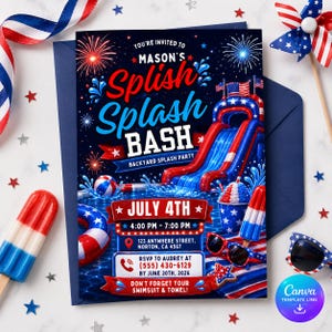 May include: A navy blue invitation for a "Splish Splash Bash" backyard party, featuring a water slide illustration, fireworks, and patriotic elements. The invitation includes event details, date, time, location, and RSVP information.