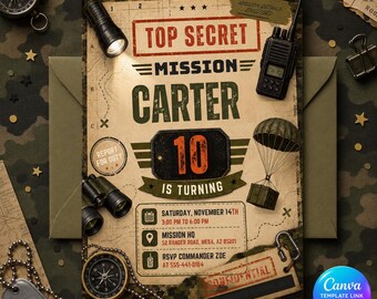 Army Birthday Invitation, Editable Top Secret Mission Party Invite, Printable Soldier Camo Canva Template