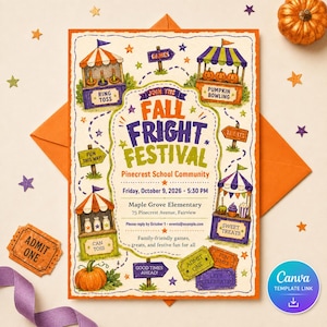 May include: A rectangular invitation for the Fall Fright Festival at Pinecrest School Community on October 9, 2026. The design features colorful carnival booths, pumpkins, and stars. Text includes event details, location, and game names like Ring Toss and Pumpkin Bowling.