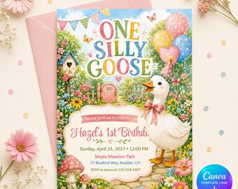 One Silly Goose Birthday Invitation, Editable Girl First Birthday Invite, Printable Garden Goose Canva Template