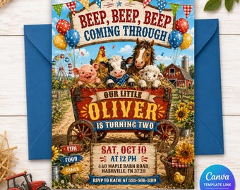 Farm Birthday Invitation, Editable Barnyard Animal Party Invite, Printable Boy 2nd Birthday Canva Template