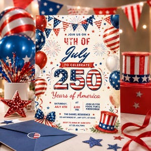May include: A patriotic invitation for a 4th of July celebration, with red, white, and blue decorations, including balloons and a star. The invitation text reads "4th of July to Celebrate 250 Years of America."