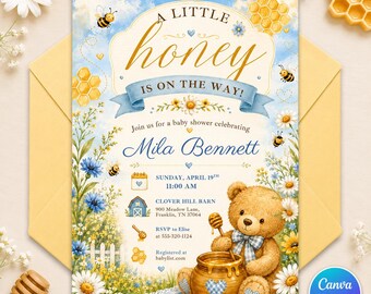 A Little Honey Baby Shower Invitation, Bee Theme Shower Invite, Gender Neutral Editable Printable Canva Template