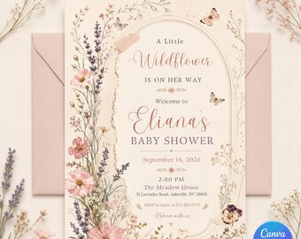 Wildflower Baby Shower Invitation, Editable Floral Girl Shower Invite, Printable Boho Butterfly Canva Template