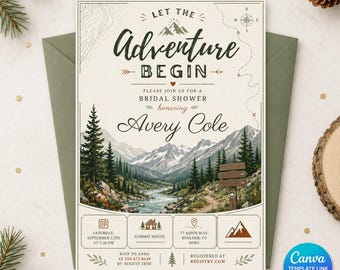 Let the Adventure Begin Bridal Shower Invitation, Editable Mountain Forest Invite, Outdoor Printable Canva Template