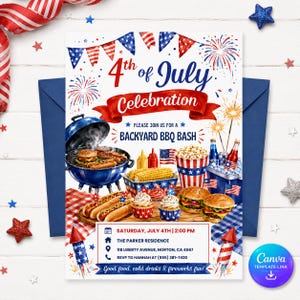 May include: A patriotic 4th of July invitation with a blue envelope. The invitation features a barbecue scene with burgers, hot dogs, and fireworks. Text includes "4th of July Celebration" and event details.