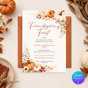 May include: A rectangular invitation card titled Friendsgiving Feast with orange and white pumpkin illustrations, autumn leaves, and text detailing a dinner event on Thursday, November 19, 2026, at The Hudson Loft in Nashville, Tennessee.