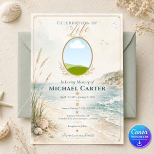 May include: A rectangular Celebration of Life memorial card featuring a coastal watercolor scene with beach grass, seashells, and ocean waves. The text reads In Loving Memory of MICHAEL CARTER, April 15, 1952 – January 8, 2026, and event details.