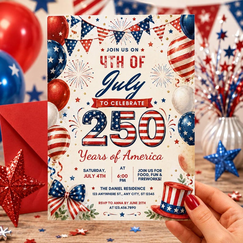 May include: A 4th of July invitation with a patriotic theme, featuring red, white, and blue colours. The invitation reads "4th of July to Celebrate 250 Years of America" with event details and RSVP information. Balloons and a bow add to the festive design.