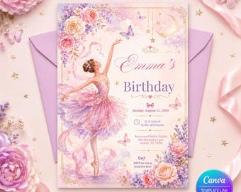 Ballerina Birthday Invitation, Editable Ballet Party Invite, Pink Floral Dance Party Canva Template