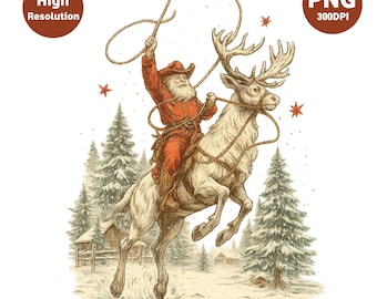 Retro Cowboy Santa Claus PNG, Western Christmas Clipart, Vintage Santa Rodeo Shirt, Rustic Holiday Sublimation PNG Download