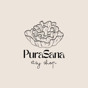 May include: A black and white line drawing of a flower-like shape above the words "Pura Sana etsy shop" in a serif and script font. The background is a solid beige color. The design is simple and elegant.