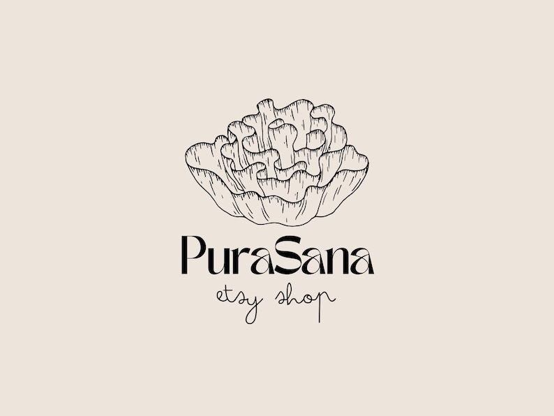 May include: A black and white line drawing of a flower-like shape above the words "Pura Sana etsy shop" in a serif and script font. The background is a solid beige color. The design is simple and elegant.