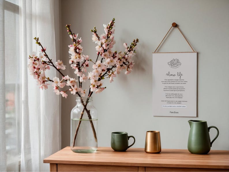 May include: A wooden table displays a clear glass jar with cherry blossom branches, a green mug, a gold-colored cup, and a green pitcher. A framed print with the words "slow life" hangs on the wall.