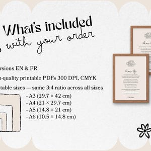 May include: Two framed prints with the text "slow life" and a floral illustration. The image also includes a list of what's included with the order, such as printable sizes A3 (11.7 x 16.5 inches), A4 (8.3 x 11.7 inches), A5 (5.8 x 8.3 inches), and A6 (4.1 x 5.8 inches).