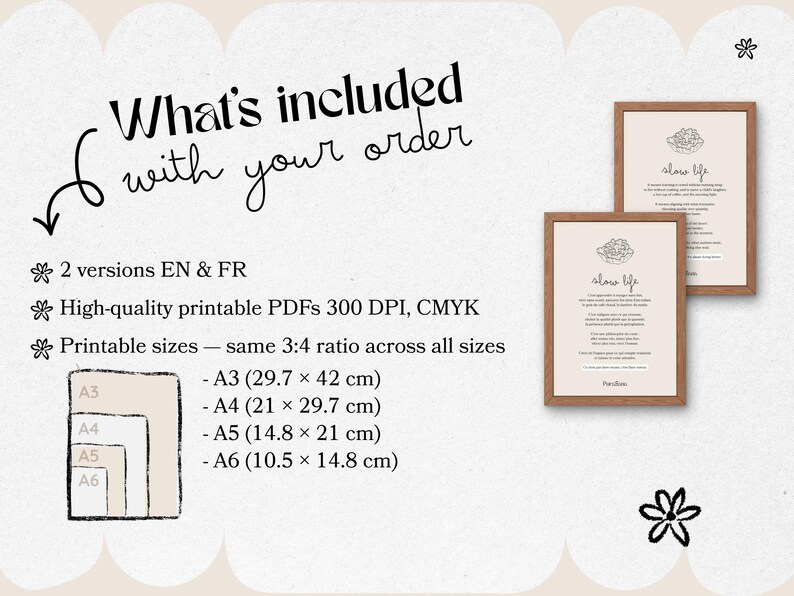 May include: Two framed prints with the text "slow life" and a floral illustration. The image also includes a list of what's included with the order, such as printable sizes A3 (11.7 x 16.5 inches), A4 (8.3 x 11.7 inches), A5 (5.8 x 8.3 inches), and A6 (4.1 x 5.8 inches).