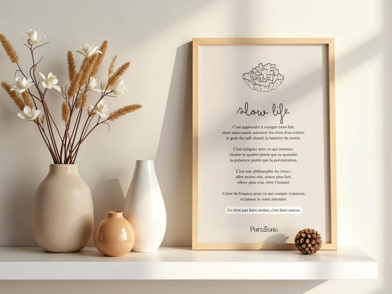 May include: A framed print with the words "slow life" and a floral illustration. Beside it are three ceramic vases in beige, white, and peach, and a decorative floral arrangement. A small, round, textured ball sits on the shelf.
