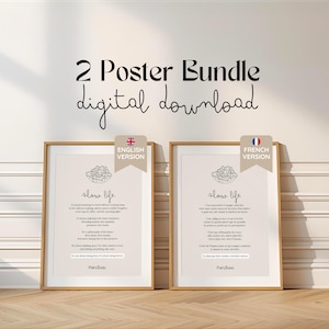 May include: Two framed posters with gold frames and beige backgrounds. The posters have the text "2 Poster Bundle digital download" at the top. Each poster has the words "slow life" and a poem. One poster has an English version tag, and the other has a French version tag.
