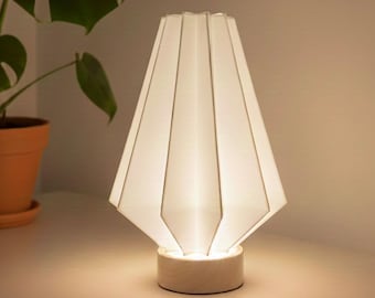 Op de afbeelding: Een witte, geometrische tafellamp met een houten voet. De lamp heeft een geplooide, papierachtige kap die een zachte gloed uitstraalt. Op de achtergrond is een plant in een pot te zien.