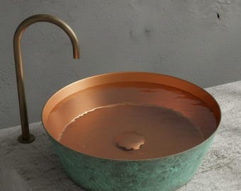 Handmade Green Patina Copper Vessel Sink, Rustic Bathroom Basin