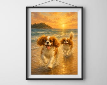 Puede incluir: Una impresión artística enmarcada que muestra a dos perros Cavalier King Charles Spaniel de color marrón y blanco corriendo por aguas oceánicas poco profundas al atardecer. Los perros tienen orejas largas y hocicos abiertos bajo luz dorada.