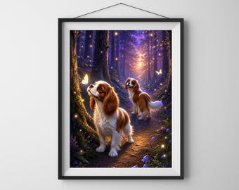 Puede incluir: Una impresión de arte mural enmarcada que representa a dos spaniels Cavalier King Charles marrones y blancos en un sendero forestal. La escena presenta luciérnagas brillantes, árboles altos y mariposas luminosas bajo una luz de atardecer.