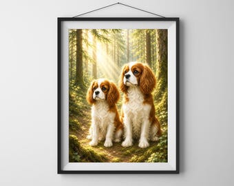 Puede incluir: Una lámina de arte enmarcada que muestra a dos perros Cavalier King Charles Spaniel de pelaje blanco y marrón castaño sentados en el suelo de un bosque. El fondo muestra árboles altos con luz solar filtrándose entre las ramas.