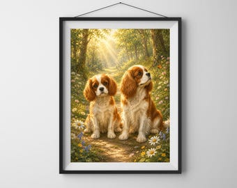 Puede incluir: Una lámina de arte enmarcada que muestra a dos perros Cavalier King Charles Spaniel sentados en un sendero de tierra en un bosque soleado. Los perros tienen pelaje blanco y marrón castaño. El paisaje incluye árboles y flores silvestres.