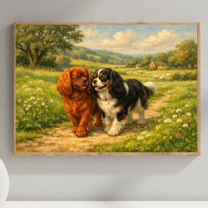 Ruby driekleurige Cavalier King Charles Spaniels platteland olieverfschilderij print