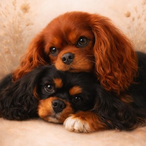 May include: Two Cavalier King Charles Spaniels, one atop the other, in a soft-focus portrait. The top dog has auburn fur, the bottom one black and tan. Both dogs have large, expressive eyes and are resting on a neutral-toned surface.