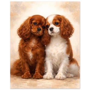 May include: Two Cavalier King Charles Spaniel dogs sitting side by side. One dog has a solid chestnut coat, while the other has a chestnut and white coat. Both dogs feature long, wavy ears, dark eyes, and black noses, captured in a portrait style.