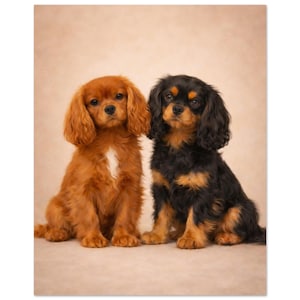 Può includere: Due cuccioli di Cavalier King Charles Spaniel seduti fianco a fianco. Un cucciolo ha un mantello rosso rubino uniforme con una macchia bianca sul petto, mentre l'altro ha un mantello nero focato con segni color fuoco sopra gli occhi e sul muso.