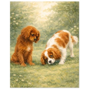 May include: A painting of two Cavalier King Charles Spaniel dogs in a grassy field. One dog is solid chestnut brown and sits upright, while the other is white and chestnut brown, looking down at the grass. The background features soft green foliage.