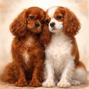 May include: Two Cavalier King Charles Spaniel puppies sit close together. One is a rich chestnut color, the other is white and chestnut. Both have long, wavy fur and dark eyes, set against a soft, neutral background.